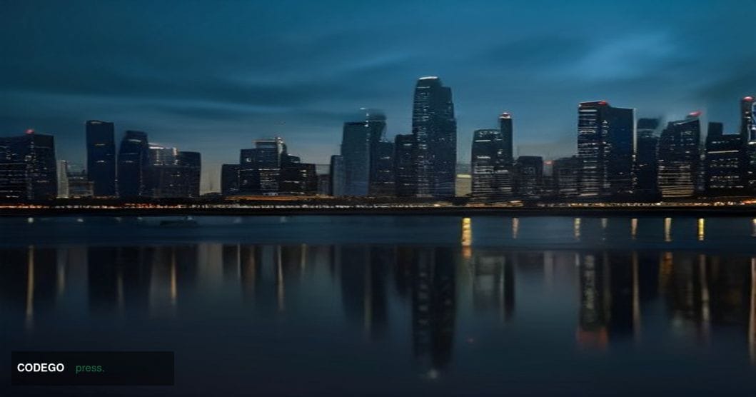 A cinematic editorial photograph depicting a sleek, modern Singapore financial district skyline at dusk, viewed from a low an