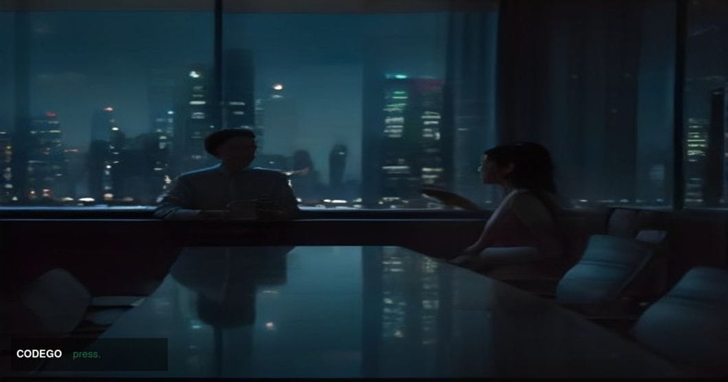 A cinematic editorial photograph set in a contemporary Singapore financial district at dusk, with the Marina Bay skyline refl