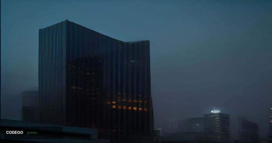 A cinematic editorial photograph depicting a sleek, modern financial district at dusk, viewed from a low angle looking upward