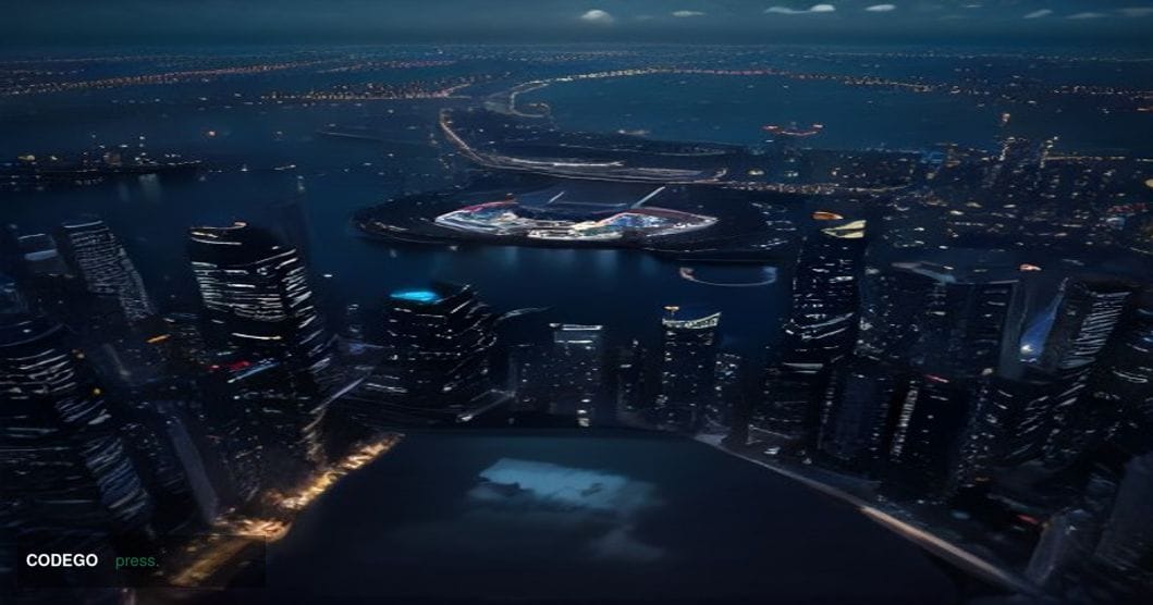 A cinematic photorealistic editorial photograph taken at a sweeping aerial perspective over Singapore's Marina Bay financial 