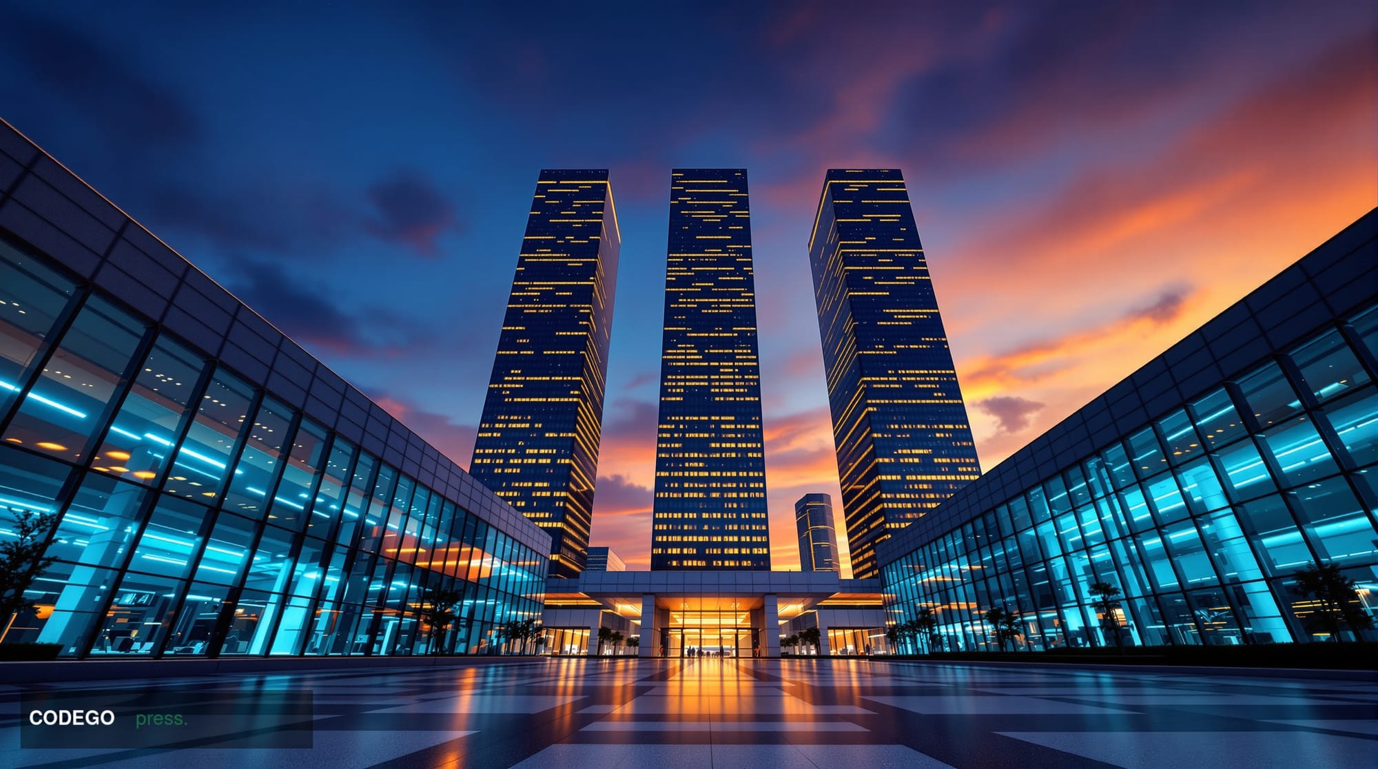 A dramatic cinematic wide-angle shot of an ultramodern glass-and-steel financial district corridor at dusk, photographed from