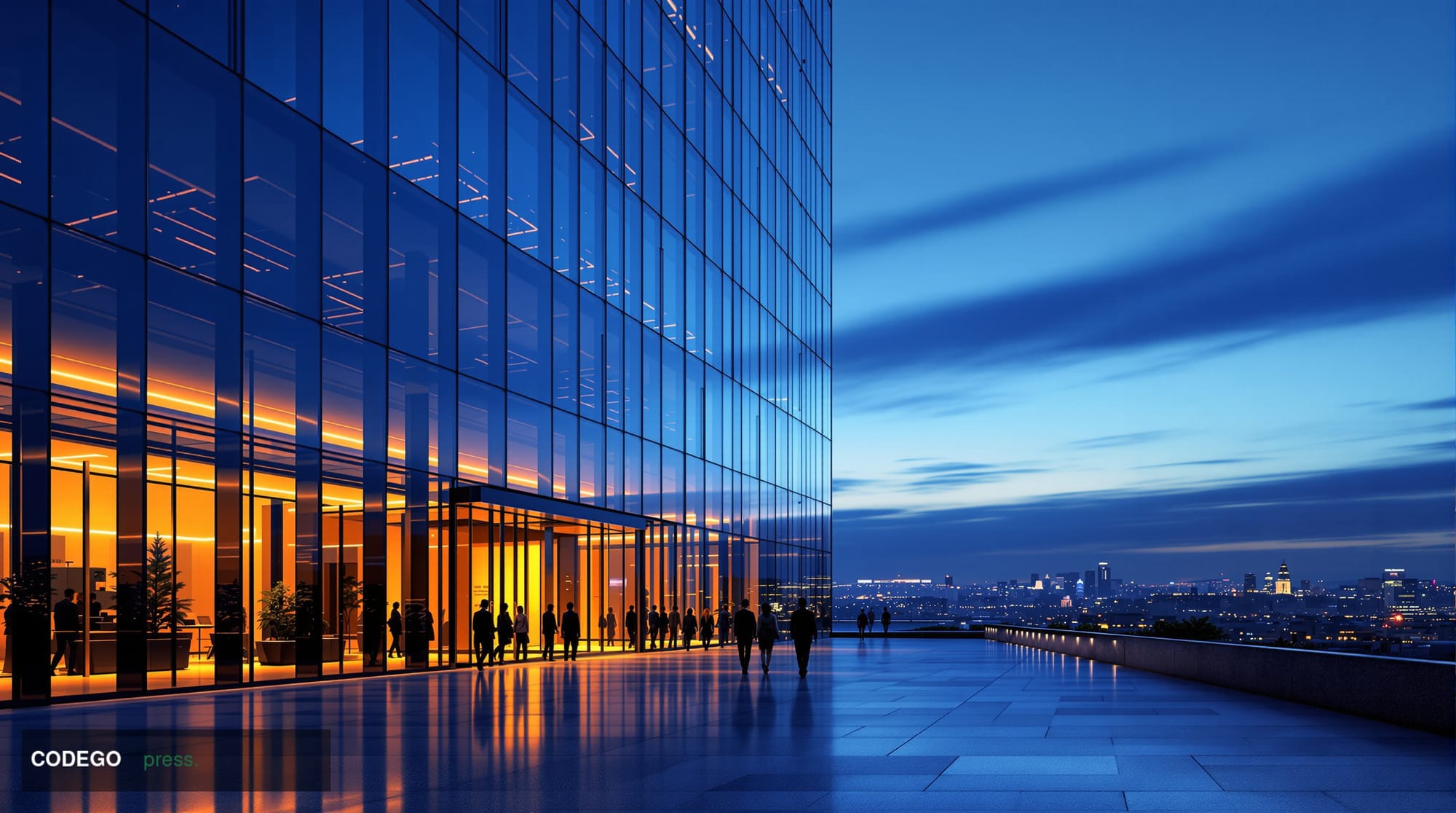 A photorealistic cinematic editorial photograph set at dusk near a sleek, modern glass-and-steel financial technology campus 