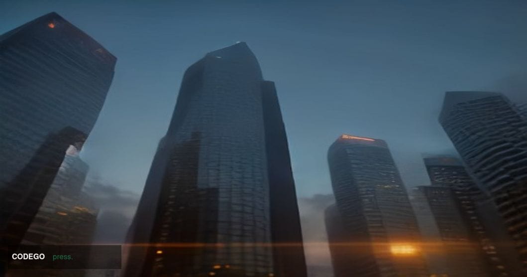 A cinematic editorial photograph shot at ground level looking upward along the glittering glass facade of a modern Singapore 