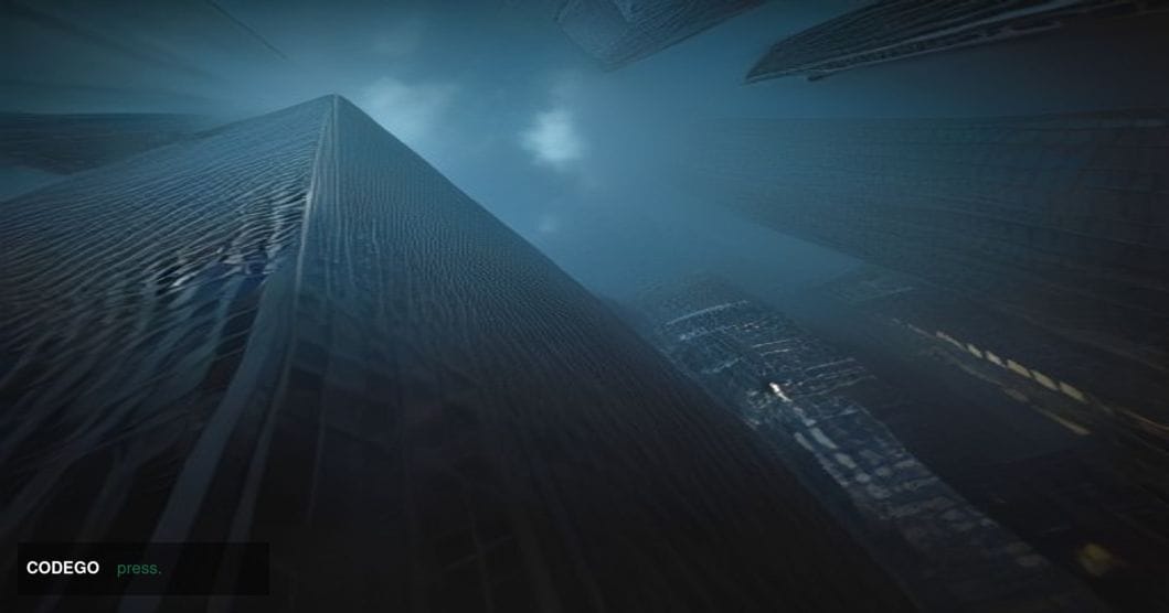 A dramatic cinematic editorial photograph taken at low angle looking upward at the gleaming glass-and-steel exterior of a maj