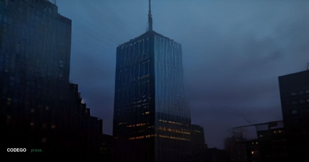 A dramatic cinematic editorial photograph of Citi's iconic Manhattan headquarters tower at dusk, its glass facade reflecting 