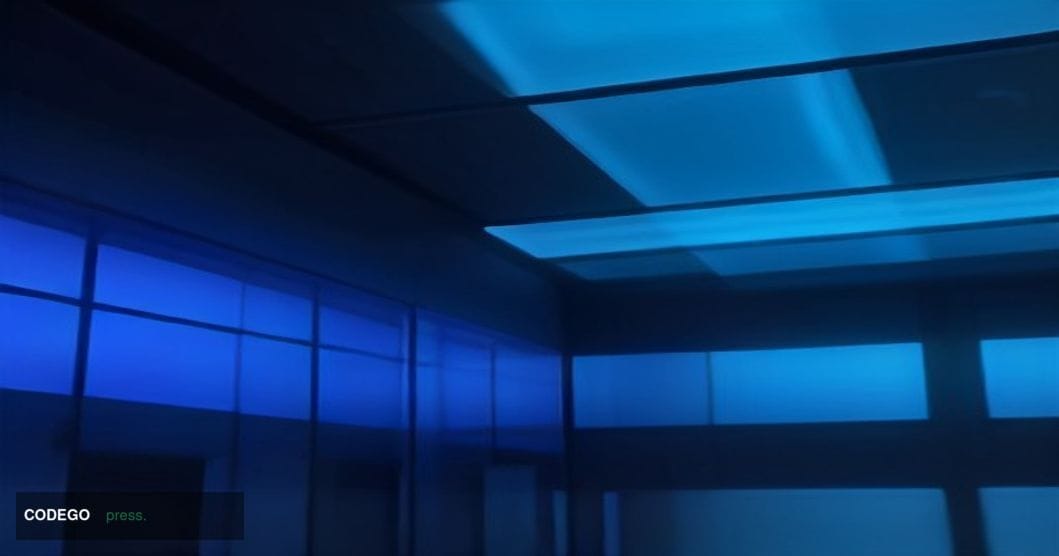 A dramatic cinematic editorial photograph of an ultramodern banking operations floor at night, viewed through floor-to-ceilin