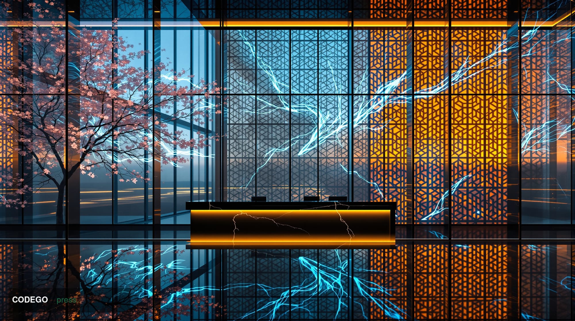 A cinematic editorial photograph of a sleek, modern banking operations center viewed through floor-to-ceiling glass, with two