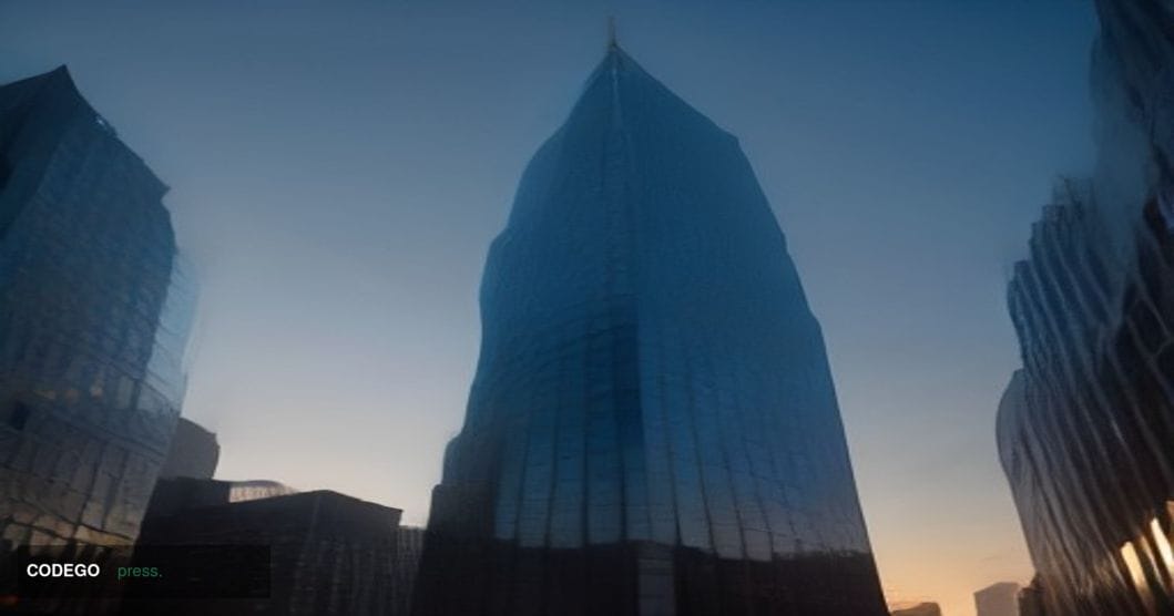 A cinematic editorial photograph of a monumental glass-and-steel financial district tower at dusk, shot from a low angle look