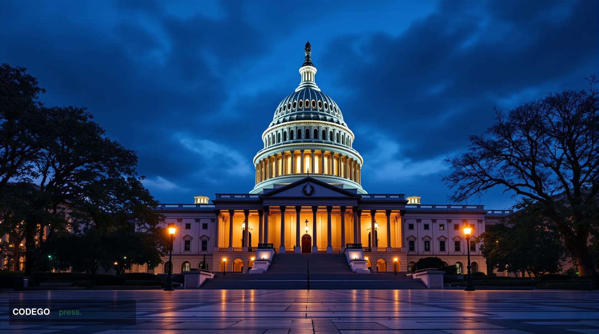 A wide-angle cinematic shot of the United States Capitol building in Washington D.C. at dusk, captured from the western front