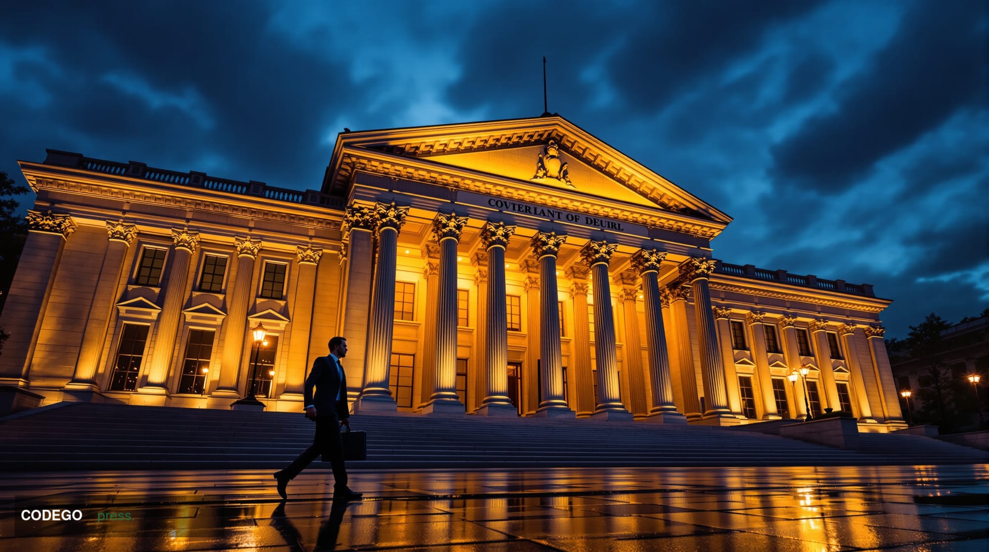 A wide-angle, low-angle cinematic shot of the exterior of a grand neoclassical government building in Washington D.C. at dusk