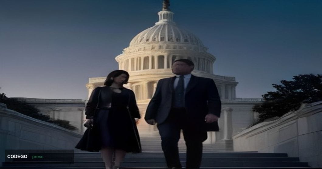 A dramatic wide-angle cinematic photograph of the United States Capitol building at dusk, captured from ground level looking 