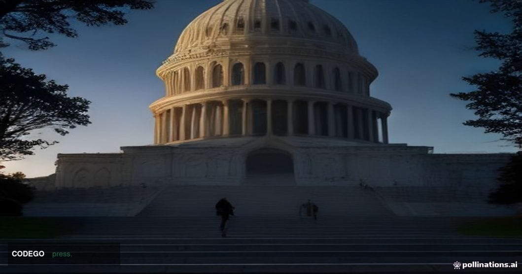 A photorealistic editorial photograph of the United States Capitol building at dusk, shot from a low wide-angle perspective w