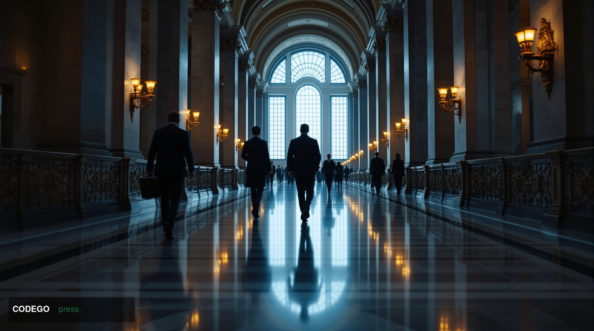 A dramatic cinematic editorial photograph shot inside a grand, marble-columned legislative chamber corridor in Washington D.C