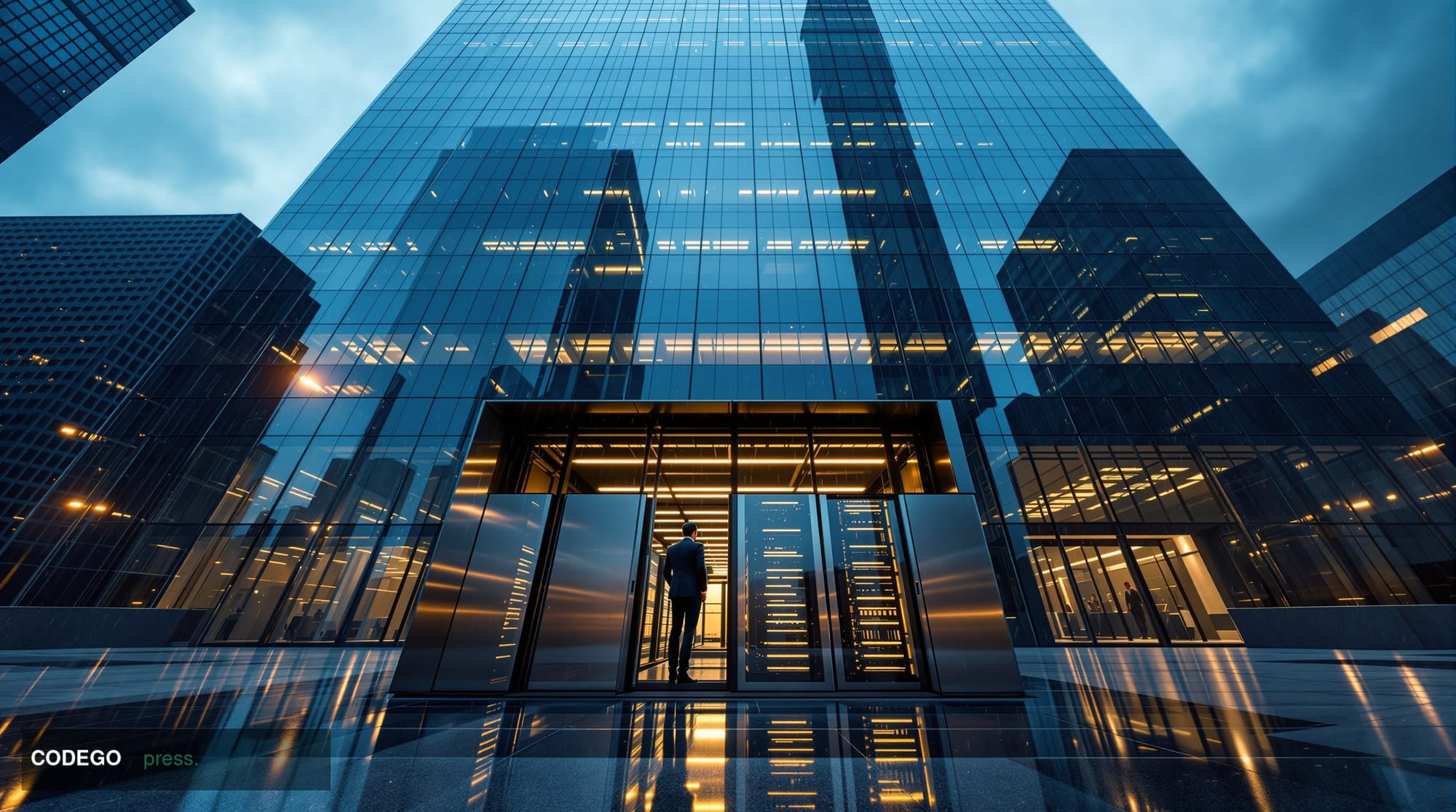 A dramatic wide-angle cinematic photograph shot from ground level looking upward at a massive modernist glass-and-steel finan