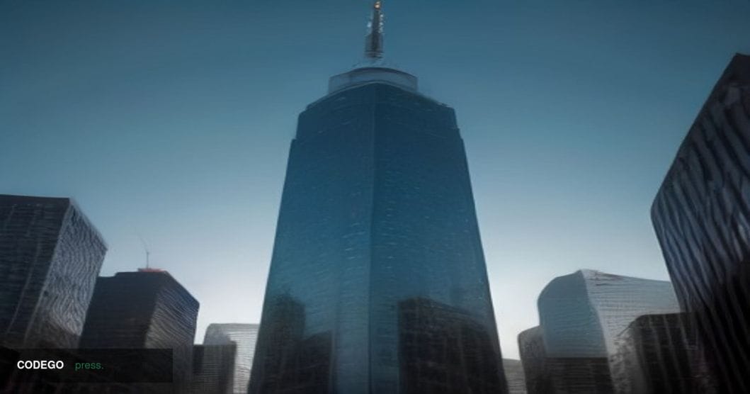 A cinematic editorial photograph of a gleaming glass-and-steel financial district tower in downtown Toronto at dusk, shot fro
