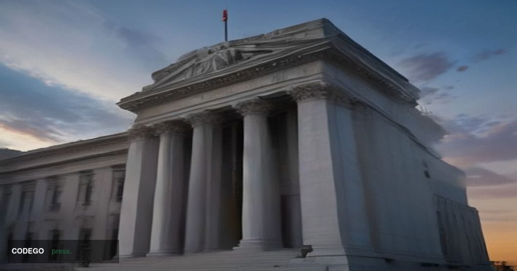 A cinematic editorial photograph of a monumental neoclassical government building exterior — evoking the U.S. Securities and 