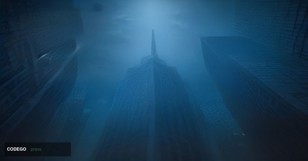 A cinematic editorial photograph shot from a low angle looking up at a gleaming glass-and-steel financial district tower in d