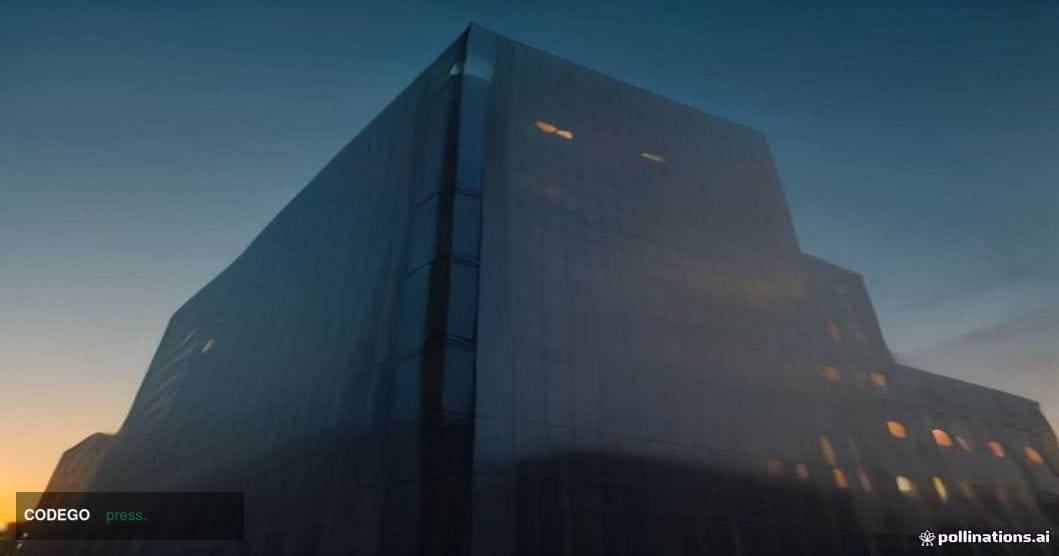 A cinematic editorial photograph of a glass-and-steel financial technology office building exterior at dusk, shot from a low-