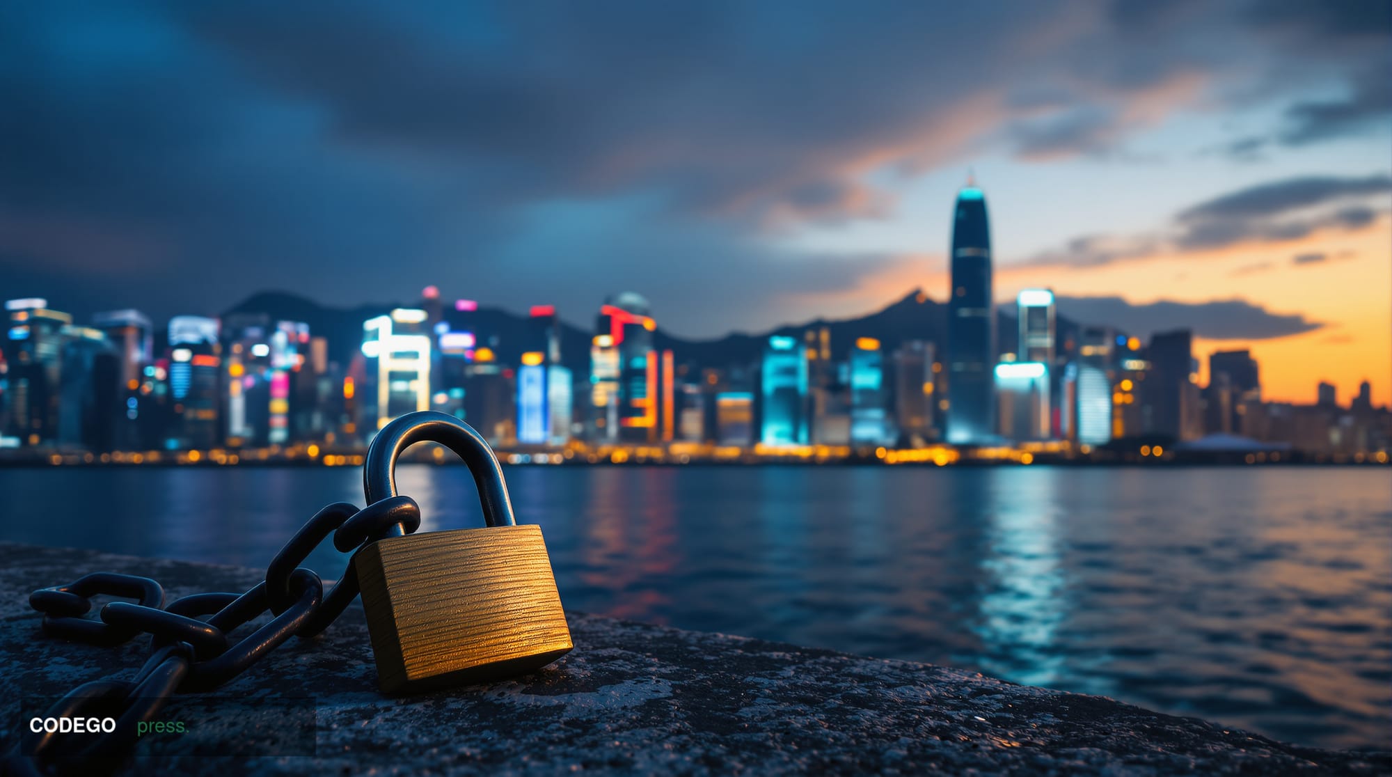 A cinematic editorial photograph of Hong Kong's financial district skyline at dusk, viewed from a low angle across Victoria H