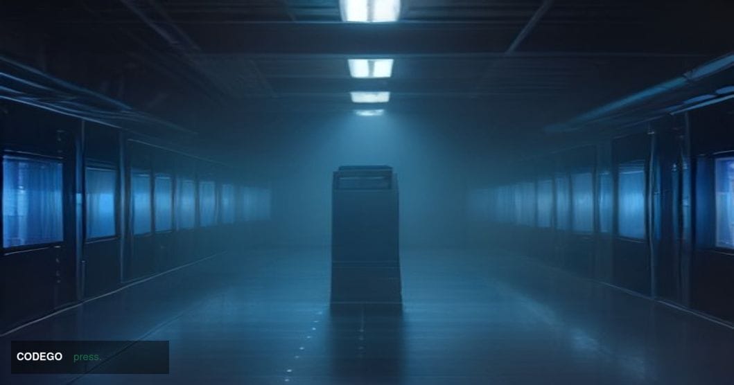 A cinematic editorial photograph set in a darkened server room environment, shot from a low dramatic angle looking up at rows