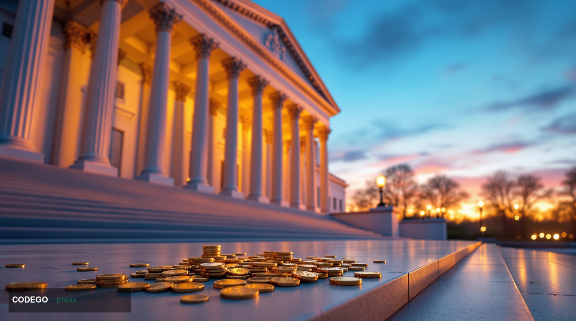 A grand neoclassical government building modeled on the US Capitol's legislative wing, photographed from a low-angle wide sho