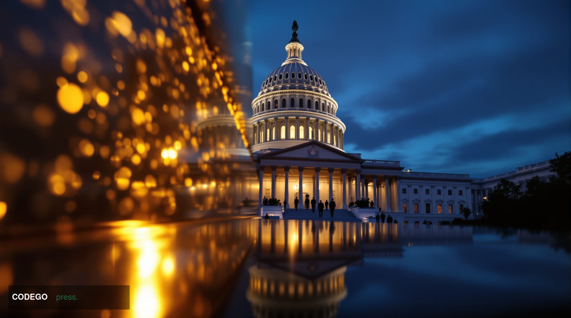 A cinematic editorial photograph of the United States Capitol building's iconic neoclassical dome viewed from a low-angle per