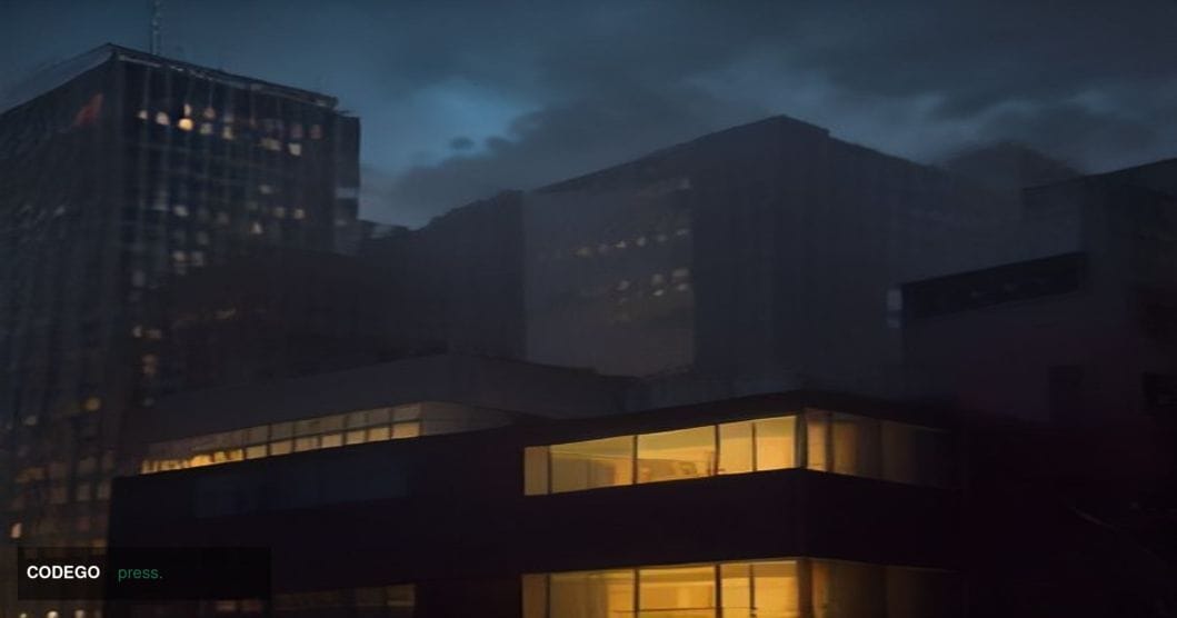 A dramatic cinematic editorial photograph depicting a corporate bifurcation metaphor tied to Ethereum's Brooklyn-rooted block