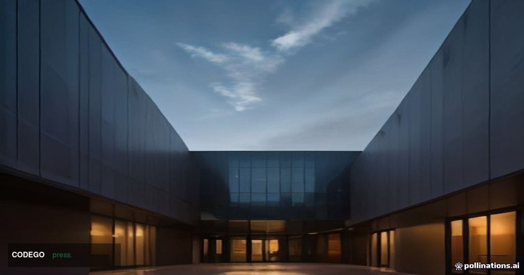 A dramatic wide-angle shot of a sleek glass-and-steel corporate campus exterior at dusk, captured from a low angle looking up