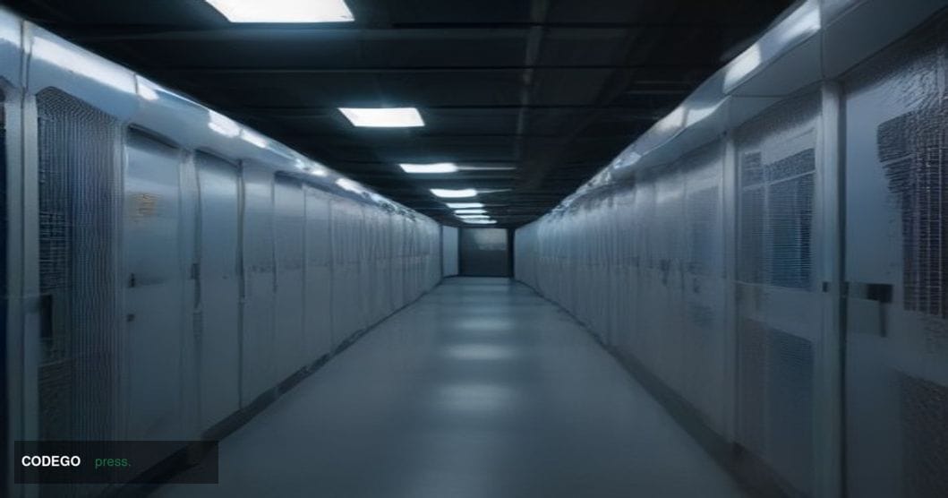 A dramatic cinematic editorial photograph of a sleek underground data center corridor representing a blockchain validator net