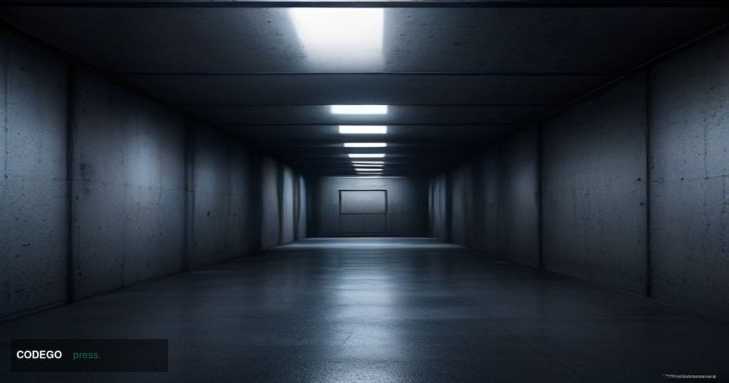 A dramatic cinematic editorial photograph depicting a fractured, dark digital ledger vault environment — rendered as a physic