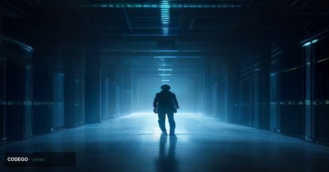 A dramatic cinematic editorial photograph set inside a dimly lit server infrastructure facility, with rows of blinking networ