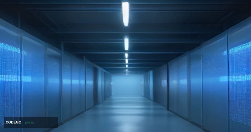 A dimly lit, ultra-high-resolution editorial photograph of a sleek cryptocurrency exchange server room corridor, shot from a 