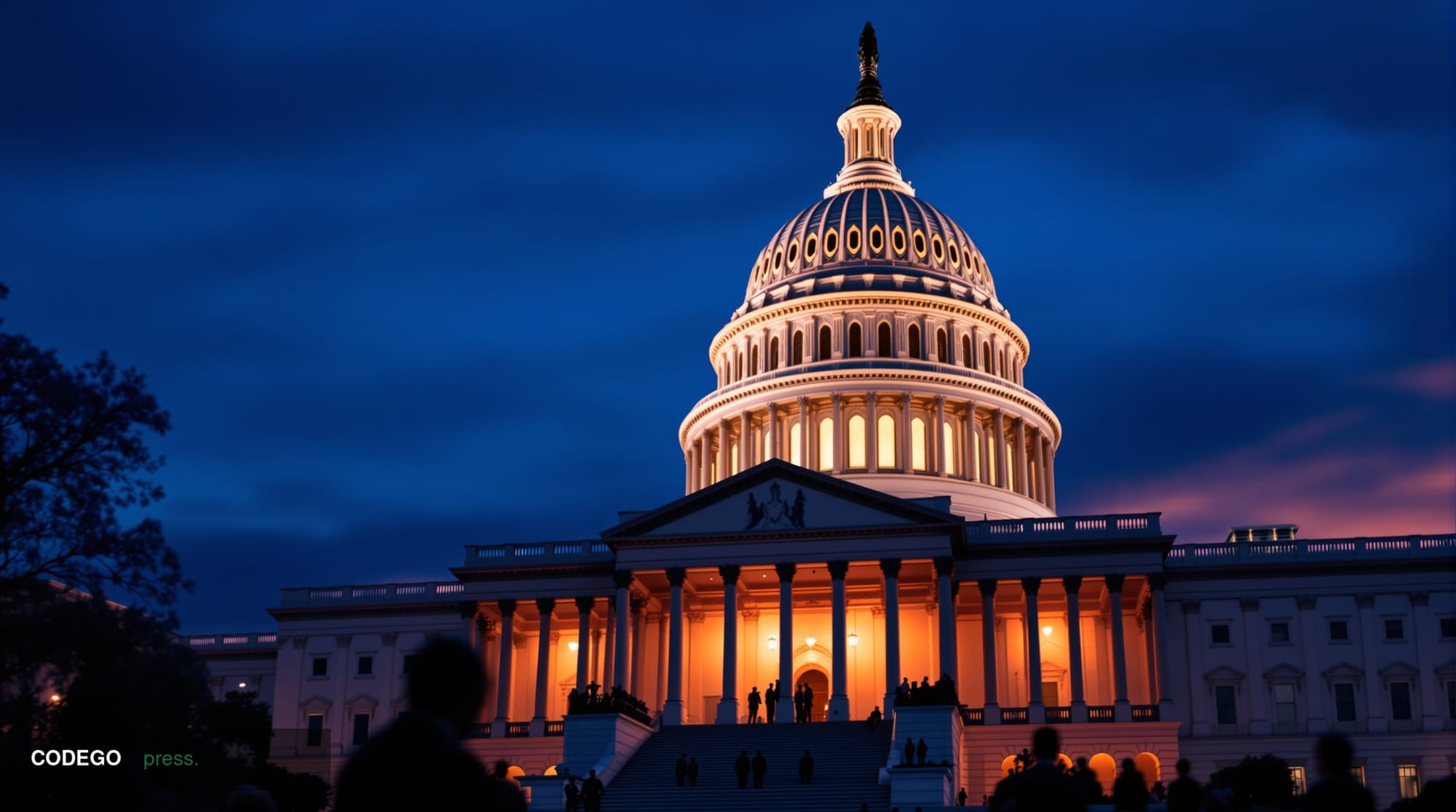 A wide-angle cinematic shot of the United States Capitol Building's neoclassical dome at dusk, photographed from the west law