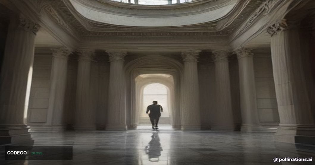 A dramatic cinematic editorial photograph shot from a low angle inside a grand marble-floored financial courthouse rotunda, l