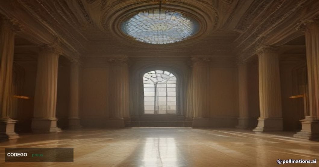 A cinematic editorial photograph set inside a grand neoclassical financial exchange building interior, with dramatic chiarosc