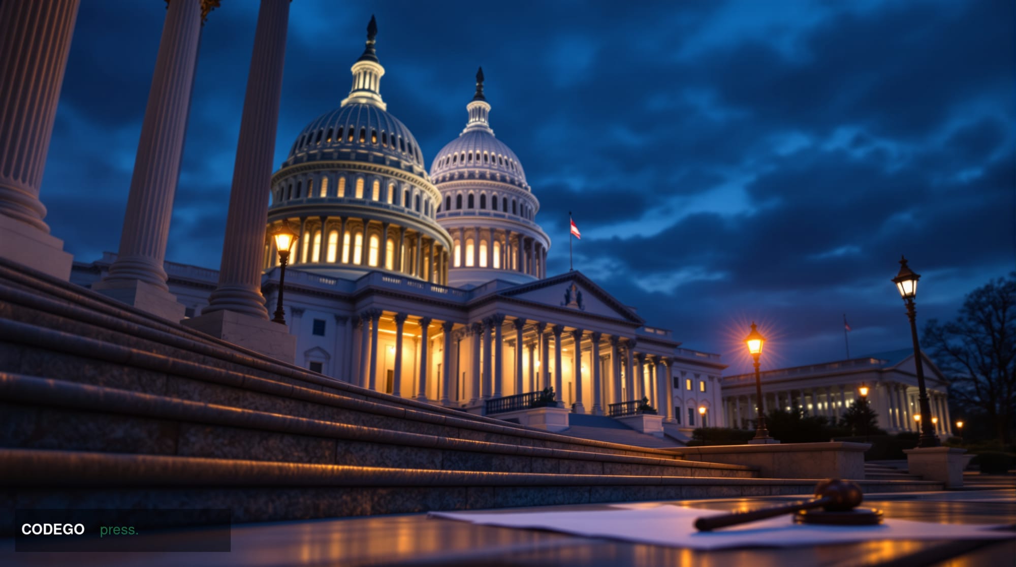 A wide-angle cinematic shot of the United States Capitol building's neoclassical marble facade viewed from a low angle at dus