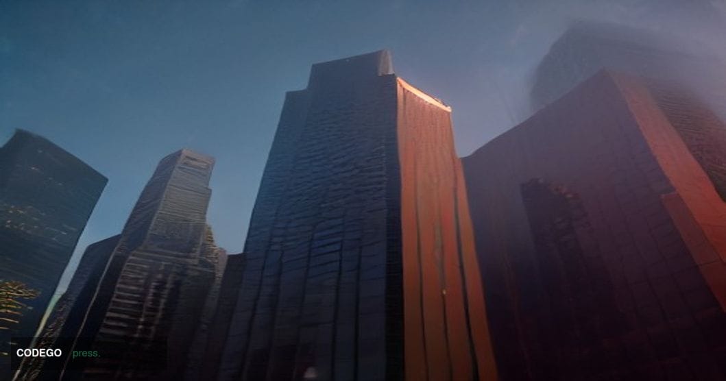 A cinematic editorial photograph shot at golden-hour dusk from a low angle looking upward along the gleaming glass-and-steel 