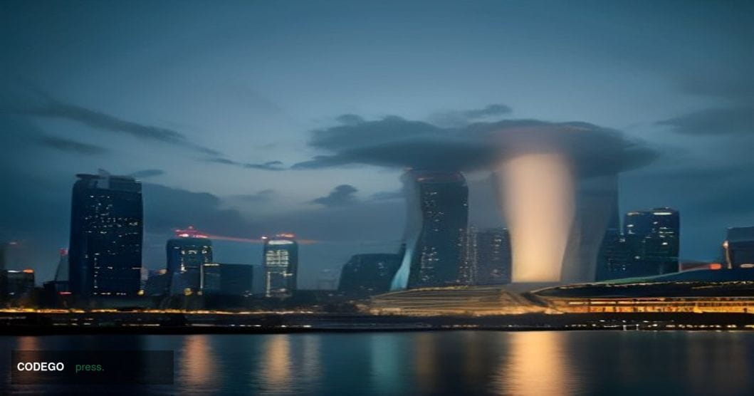 A cinematic editorial photograph capturing a dramatic twilight scene at a major international financial district — Singapore'