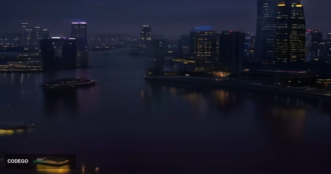 A cinematic editorial photograph taken from a low wide-angle perspective showing the iconic Marina Bay financial district sky