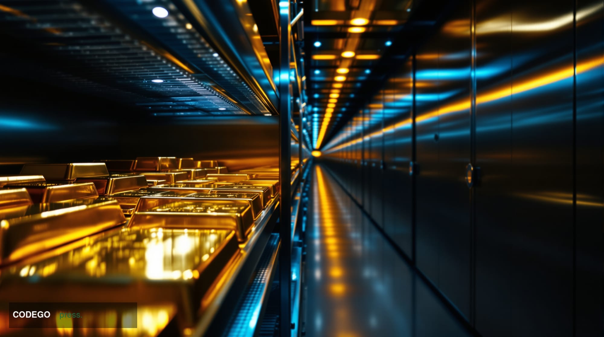 A cinematic editorial photograph set inside a high-security, modern precious metals vault in Singapore, shot from a low wide-
