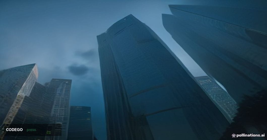 A cinematic editorial photograph shot at twilight from a low angle looking upward at a sleek, glass-and-steel Singapore finan