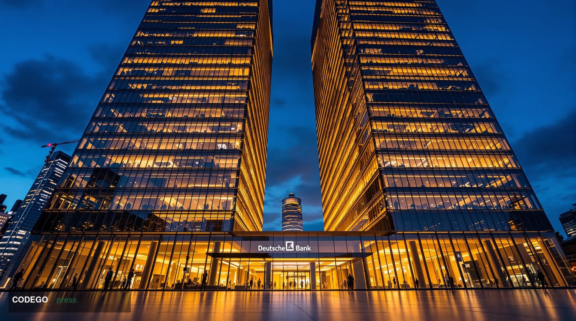 A cinematic editorial photograph of Deutsche Bank's iconic twin-tower headquarters in Frankfurt's financial district, capture
