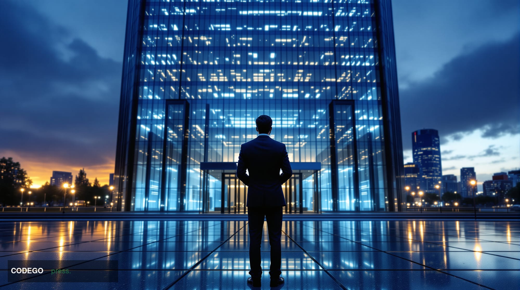 A photorealistic cinematic editorial photograph of a monumental German banking headquarters exterior at dusk — a grand Frankf