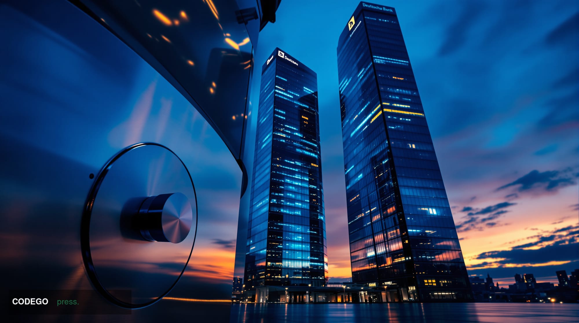 A dramatic cinematic editorial photograph of Deutsche Bank's iconic Frankfurt twin-tower headquarters at dusk, shot from a lo
