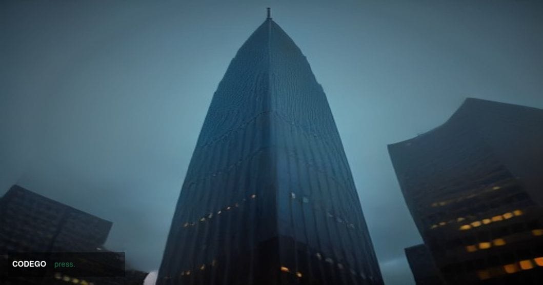 A cinematic editorial photograph of a monumental European banking headquarters — a towering glass-and-steel Frankfurt financi