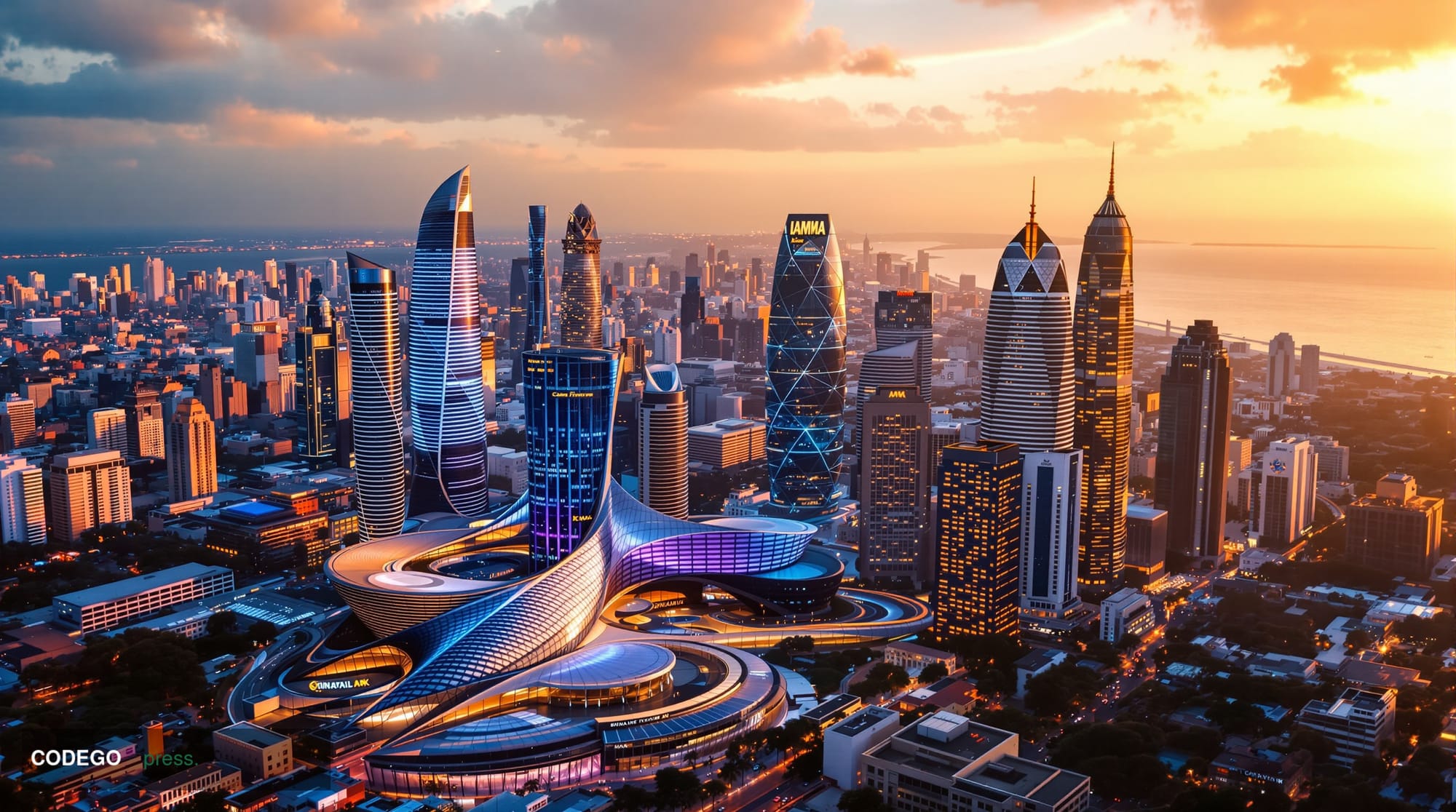 # Image Prompt:

A sweeping aerial view of Mumbai's modern skyline at golden hour, with the gleaming towers of the financial 