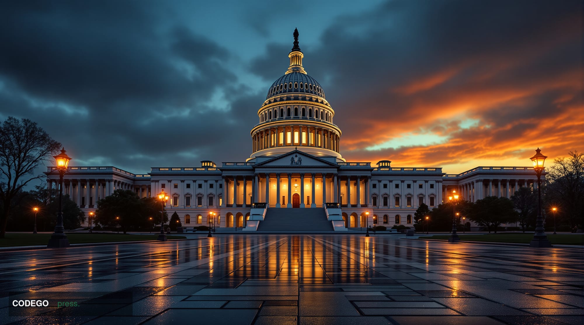 A wide-angle cinematic shot of the United States Capitol building's imposing neoclassical facade at dusk, captured from a low