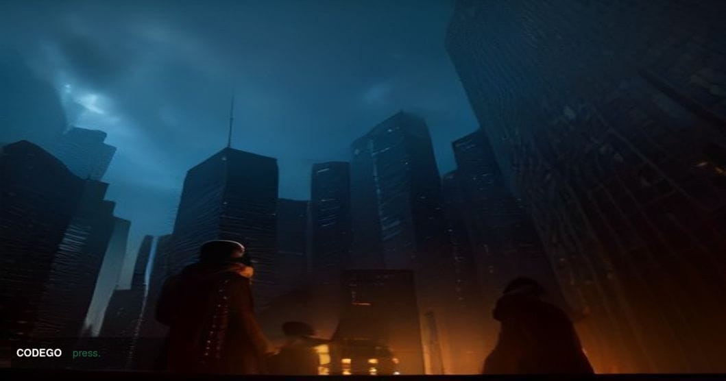 A cinematic editorial photograph shot from a low angle looking up at a sprawling Middle Eastern financial district at dusk, w