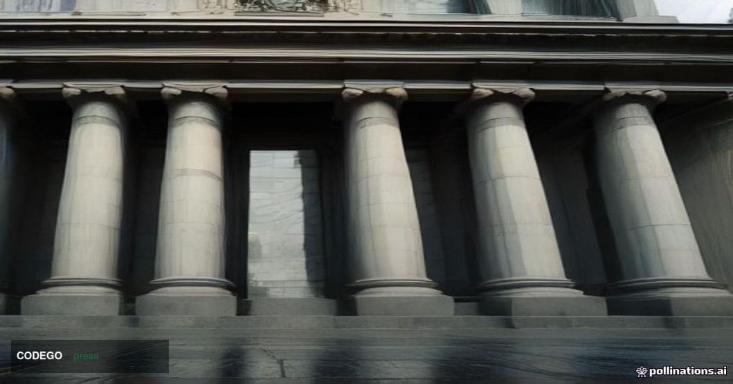 A cinematic editorial photograph shot from a low-angle perspective looking up at a grand neoclassical federal courthouse faça