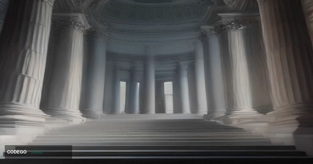A cinematic editorial photograph shot from a low angle looking up at the imposing granite steps and neoclassical columns of a